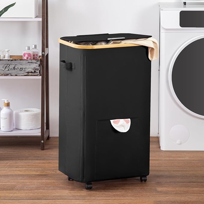 Vincona Laundry Basket with Wheels, Tall Dirty Clothes Hamper on Wheels, Rolling Laundry Hamper with lid for Dorm, Bedroom and Bathroom (Black, 100L)