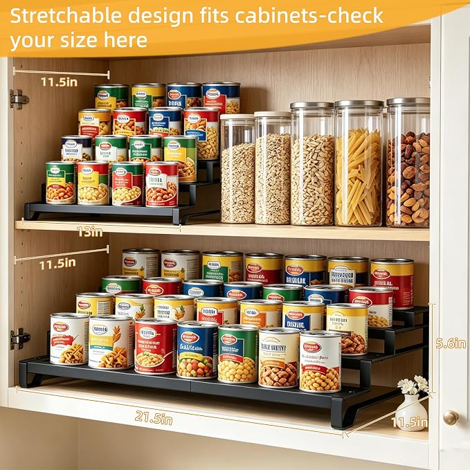 Attelite 4 Tier Expandable Can Rack Organizer for Pantry, Adjustable 13"-21" Metal Soda Can Organizer, Pantry Organization Canned Food Storage Holder for Kitchen Cabinet Countertop, Black 1Pack