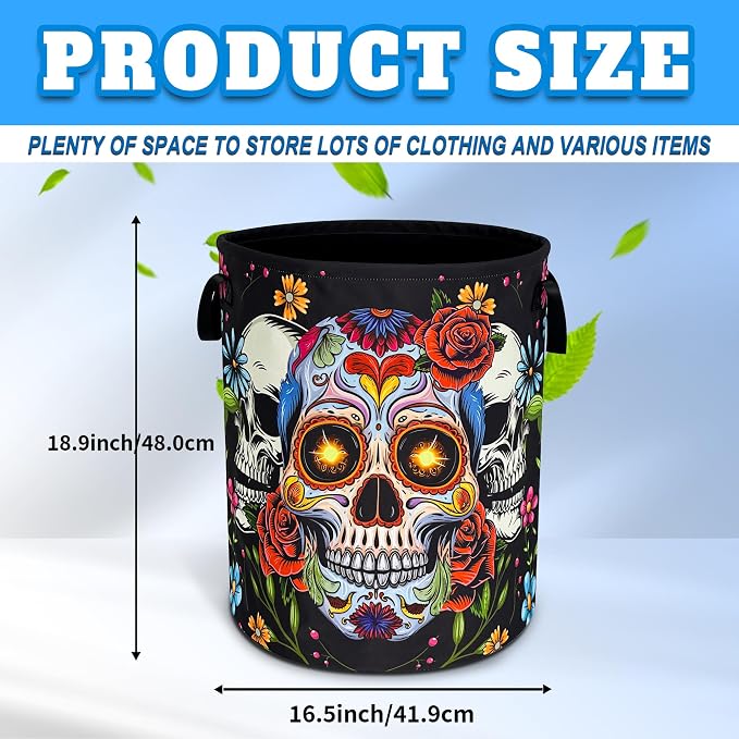 Sugar Skull Laundry Basket Skeleton Print Oxford Cloth Laundry Hamper With Handle Foldable Portable Clothes Storage Basket 18.9 X 16.5 In Storage Bag For Laundry Room/Bathroom/Bedroom/Dormitories