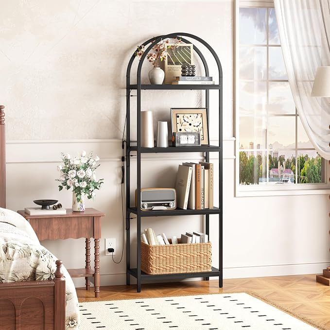 Yusong LED Bookshelf 4 Tier Arched Bookcase, 71.3" Tall Industrial Open Book Shelves for Living Room, Modern Freestanding Display Storage Rack with Metal Frame, Office, Bedroom, Black