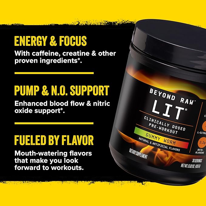 BEYOND RAW LIT Pre Workout Powder Supplement for Men and Women, Energy, Focus, Endurance, Pumps, Nitric Oxide Boost, 250mg Caffeine, Creatine, Beta Alanine, Orange Mango, 30 Servings
