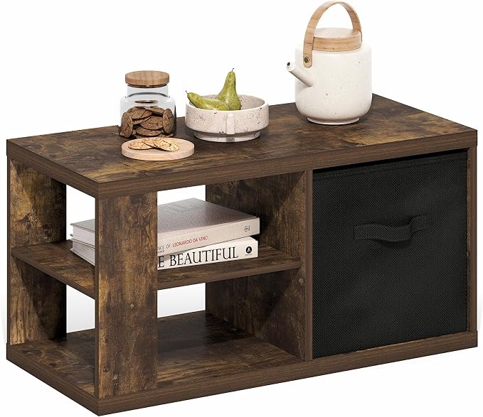 Furinno Viola Coffee Table, 3-Tier Modern Center Table with 1.2 Thick Tabletop, Side Table with Open Shelf and Storage Bin, for Living Room, Bedroom, Home Office, Amber Pine