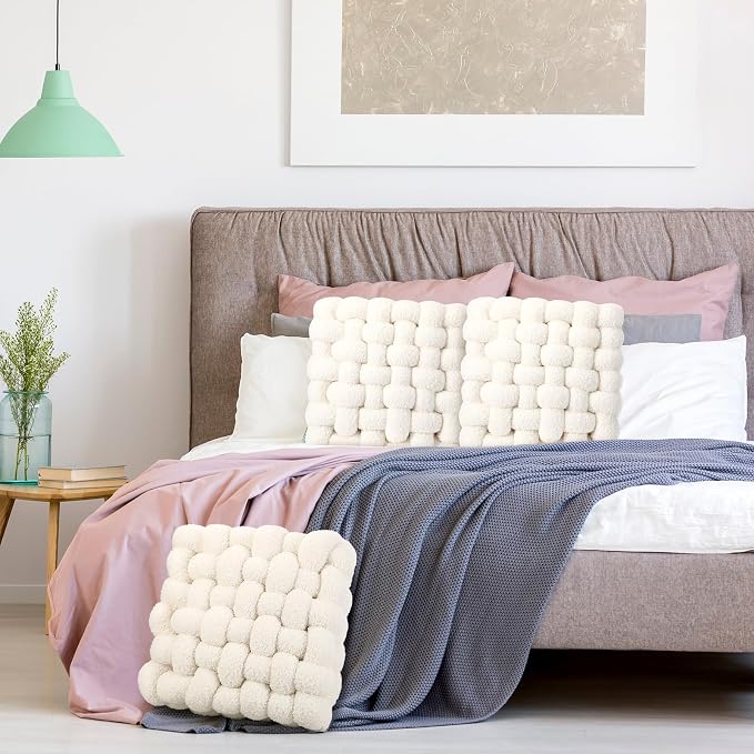 Wenqik 2 Pcs Knot Pillows Square Knotted Plush Throws Soft Accent Pillows Decoration Cushion for Couch Home Office Living Room Bedroom Bed Sofa Decor, 12'' x 13''(Cream White,Lambswool)
