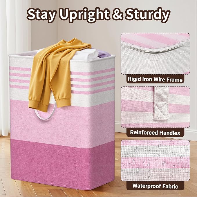 WOWBOX 2 Pack Laundry Baskets, Laundry Hampers, Freestanding Dirty Clothes Hampers with Reinforced Handles & Cross Stitch & Waterproof Coating, for Laundry Bedroom Bathroom Dorm,125L Pink