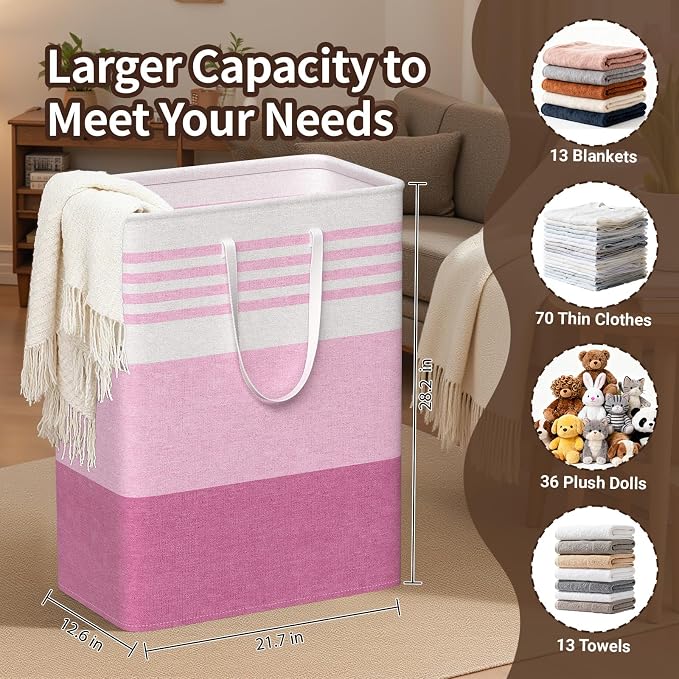 WOWBOX 2 Pack Laundry Baskets, Laundry Hampers, Freestanding Dirty Clothes Hampers with Reinforced Handles & Cross Stitch & Waterproof Coating, for Laundry Bedroom Bathroom Dorm,125L Pink