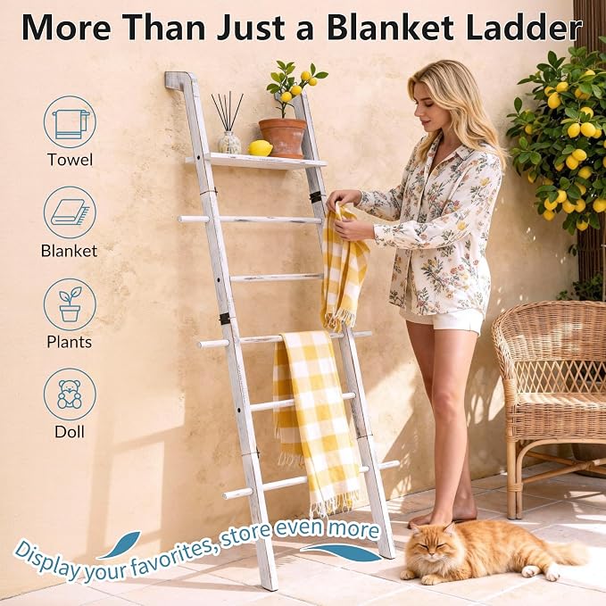 67" Wooden Blanket Ladder with Shelf and Hooks, 6-Tier Blanket Ladder for Living Room, Wall-Leaning Towel Ladder and Quilt Rack Storage, Farmhouse Decor Ladder for Display (Vintage White)