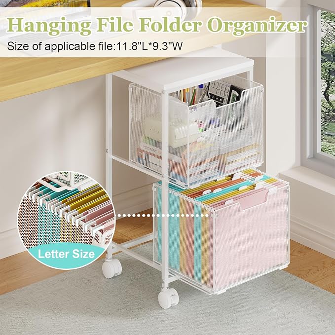 Rolling File Cart with 2 Storage Drawers,Under Desk Storage Cart,Hanging File Folder Organizer with Wheels, Filing Cabinet Mobile Printer Stand Utility Craft Cart for Home Office,White