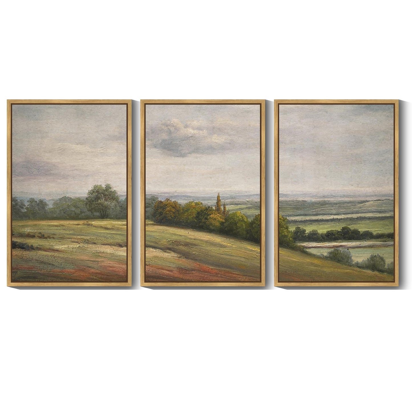 SHENIFY Extra Large Vintage Framed Wall Art White Clouds Over Vast Grassland Landscape Painting Retro Meadow Scenery Farmhouse Bedroom Above of Bed Living Room Deco - 24x36in3pcs Natural Framedr
