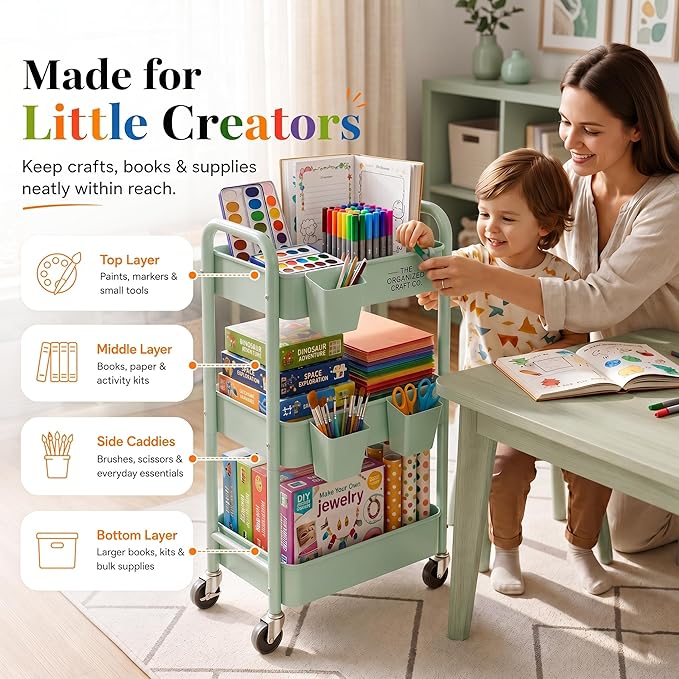 3 Tier Rolling Storage Cart Metal with Wheels, Green Baby Diaper Caddy Carts, Three Tiered Craft Cart Organizer on Wheels, Utility Roller Trolley for Art, Book, Snack, Office, Laundry, Bathroom Shelf