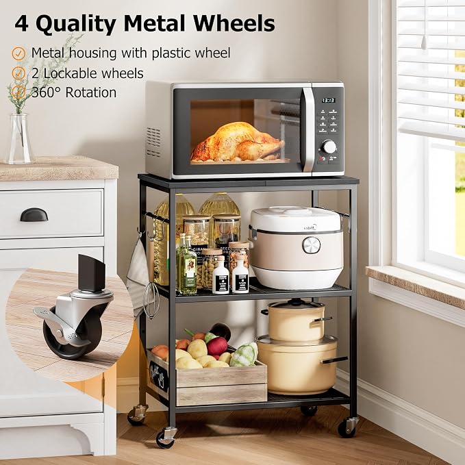 Homleke 3-Tier Rolling Kitchen Microwave Cart, Kitchen Utility Cart on Lockable Wheels, Coffee Bar Table Station with 6 S-Shaped Hooks, Small Appliance Storage Shelf, Black