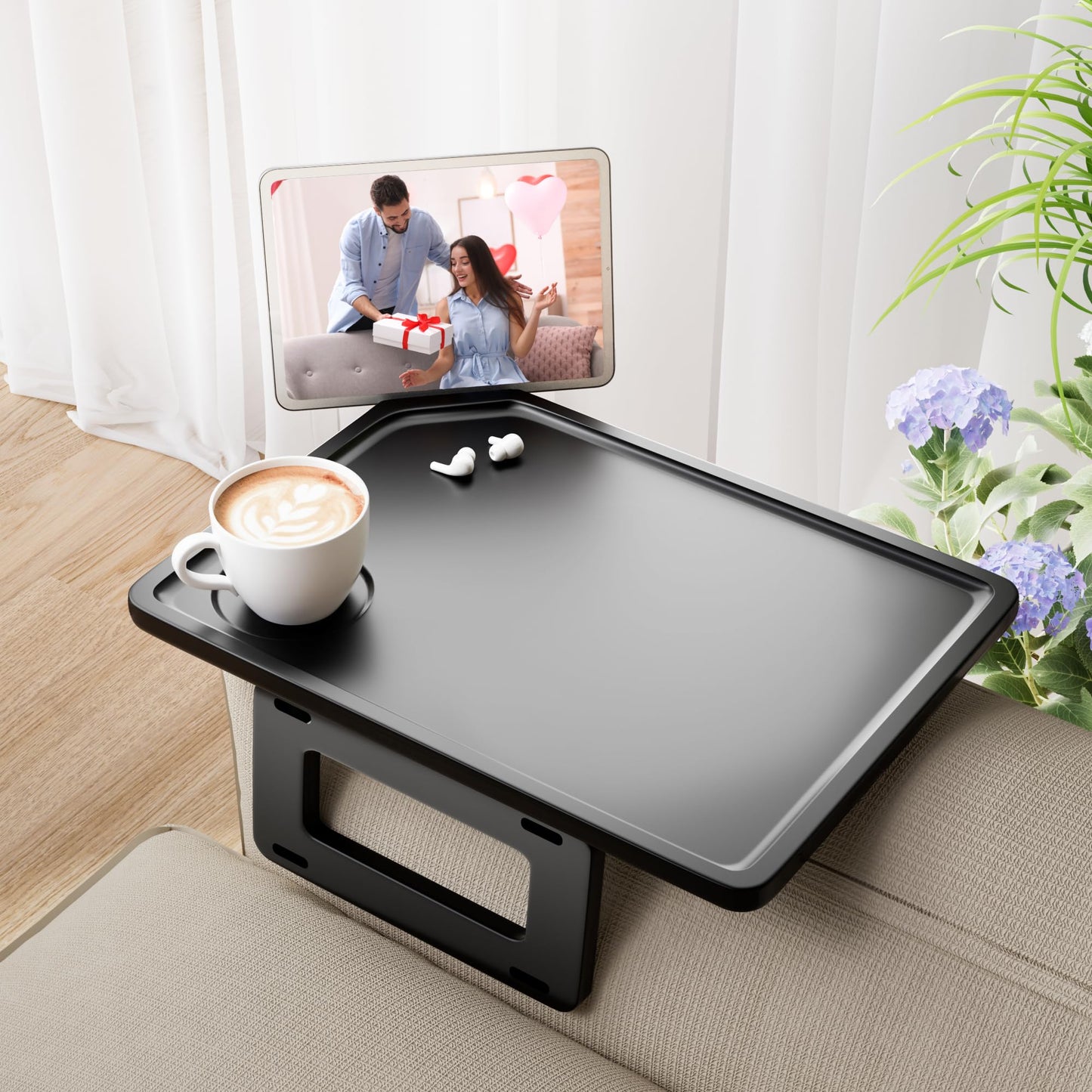 Smatdecis Couch Arm Tray Table Sofa Arm Clip Table, Armrest Tray Table Suitable for Home Drinks/Fast Food/Fruit Etc, Large Size Multi-Function Black
