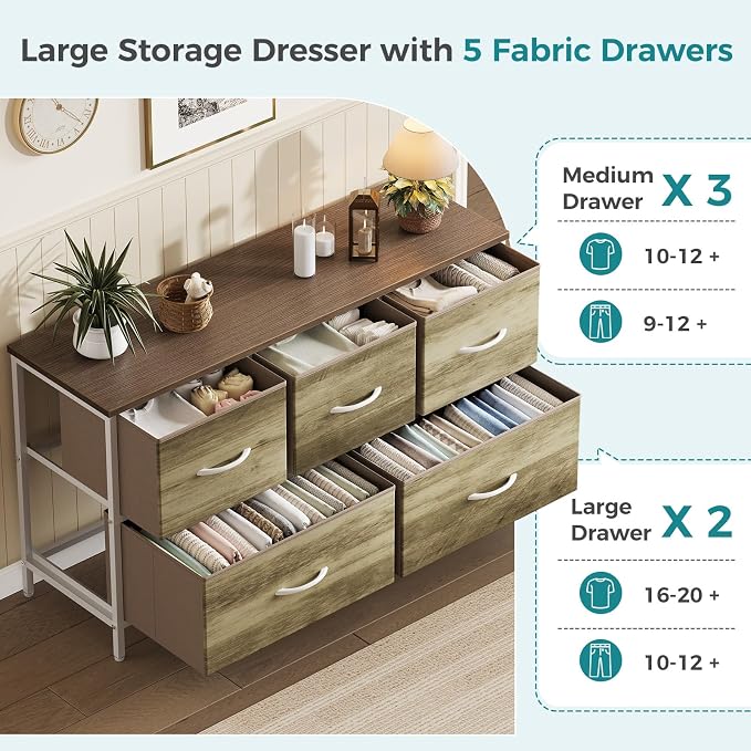 OLIXIS Dresser for Bedroom with 5 Drawers, Wide Chest of Drawers, Fabric Bedroom Dresser with Drawer Organizer, Storage Organizer Unit with Fabric Bins for Closet, Living Room, Hallway, Greige Oak
