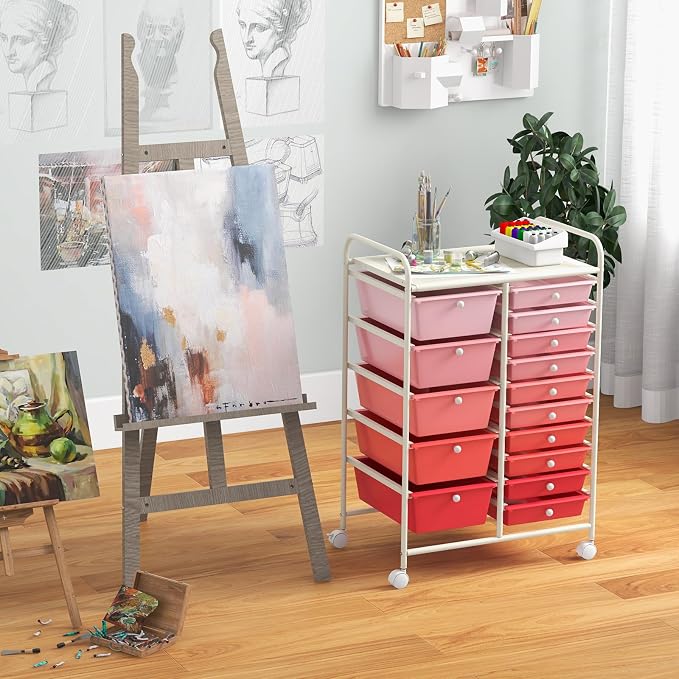 Giantex 15 Drawers Rolling Cart, Classroom Organizers, Storage Cart with Wheels, for Teacher Office Home School Supplies Tool Craft Art Paper