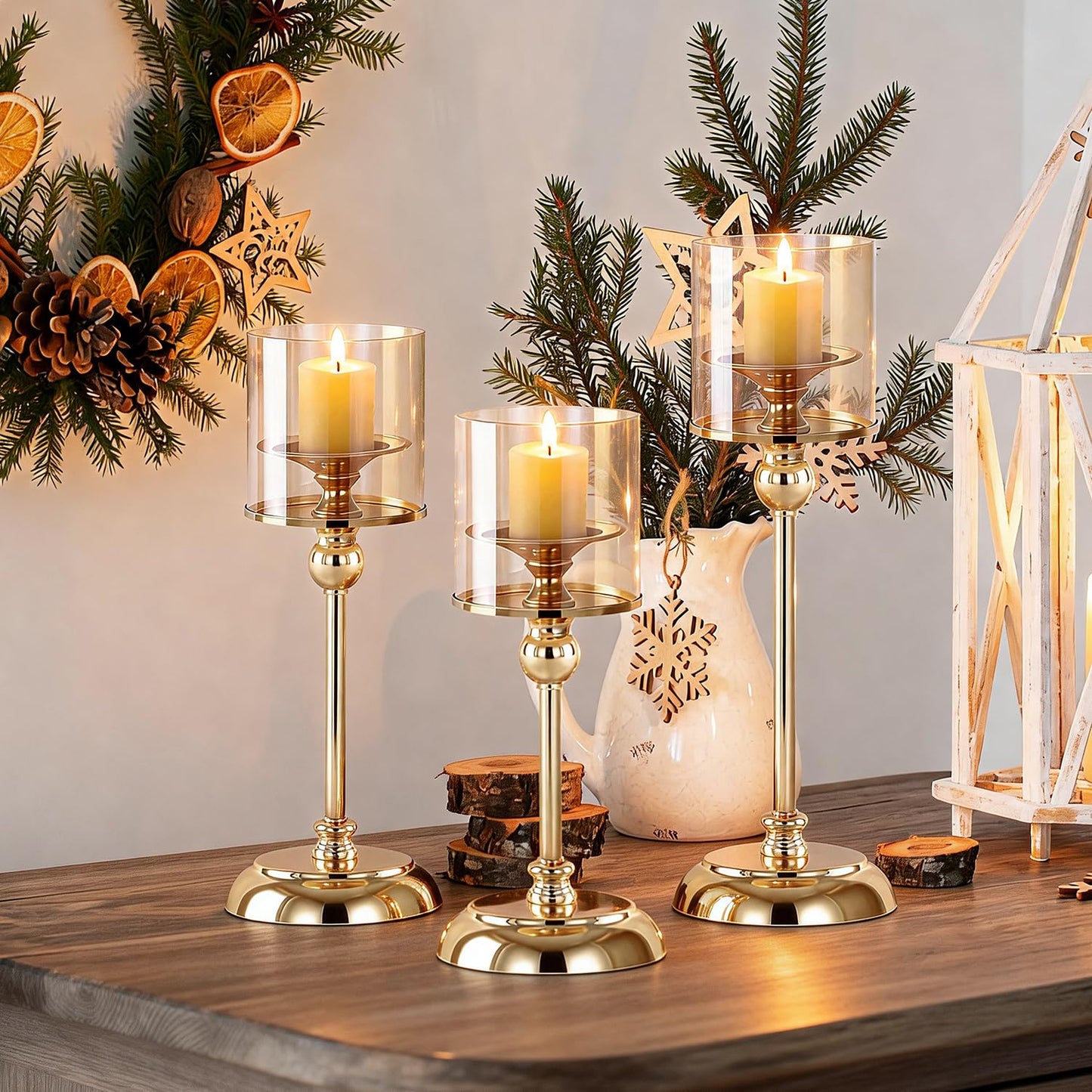 Oakernel Gold Hurricane Candle Holders - Set of 3 Tall Candlestick Holders Windproof Taper Candle Holders, Metal Stand for Table Centerpiece Outdoor Indoor Wedding Party Holiday Decor