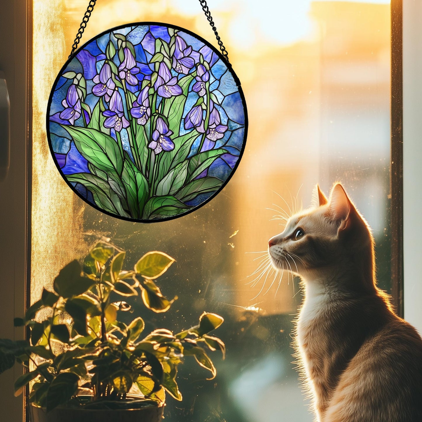 AMDERVEN Stained Glass Suncatcher, Blue Purple Flowers Green Leaves Sun Catcher Plants Stain Glass Window Hanging Decoration Mother's Day Birthday Gifts for Women Men Mom and Nana 7.8 in