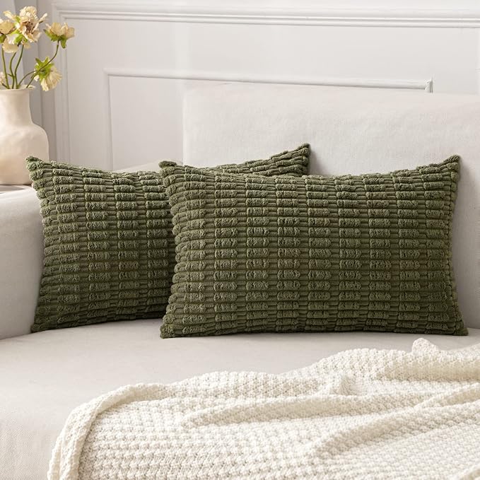MIULEE Pack of 2 Spring Corduroy Decorative Lumbar Throw Pillow Covers 20x12 Inch Soft Boho Striped Pillow Covers Modern Farmhouse Home Decor for Summer Sofa Living Room Couch Bed Olive Green