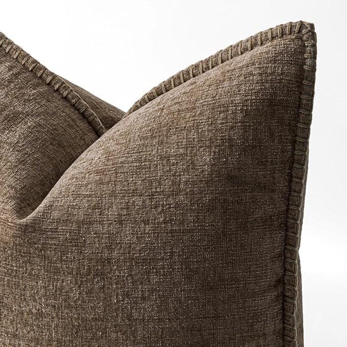 MIULEE Pack of 2 Lumbar Throw Pillow Covers 12x20 Inch Brown Farmhouse Decorative Pillow Covers with Stitched Edge Soft Chenille Solid Dyed Pillow Covers for Couch Sofa Bed Living Room