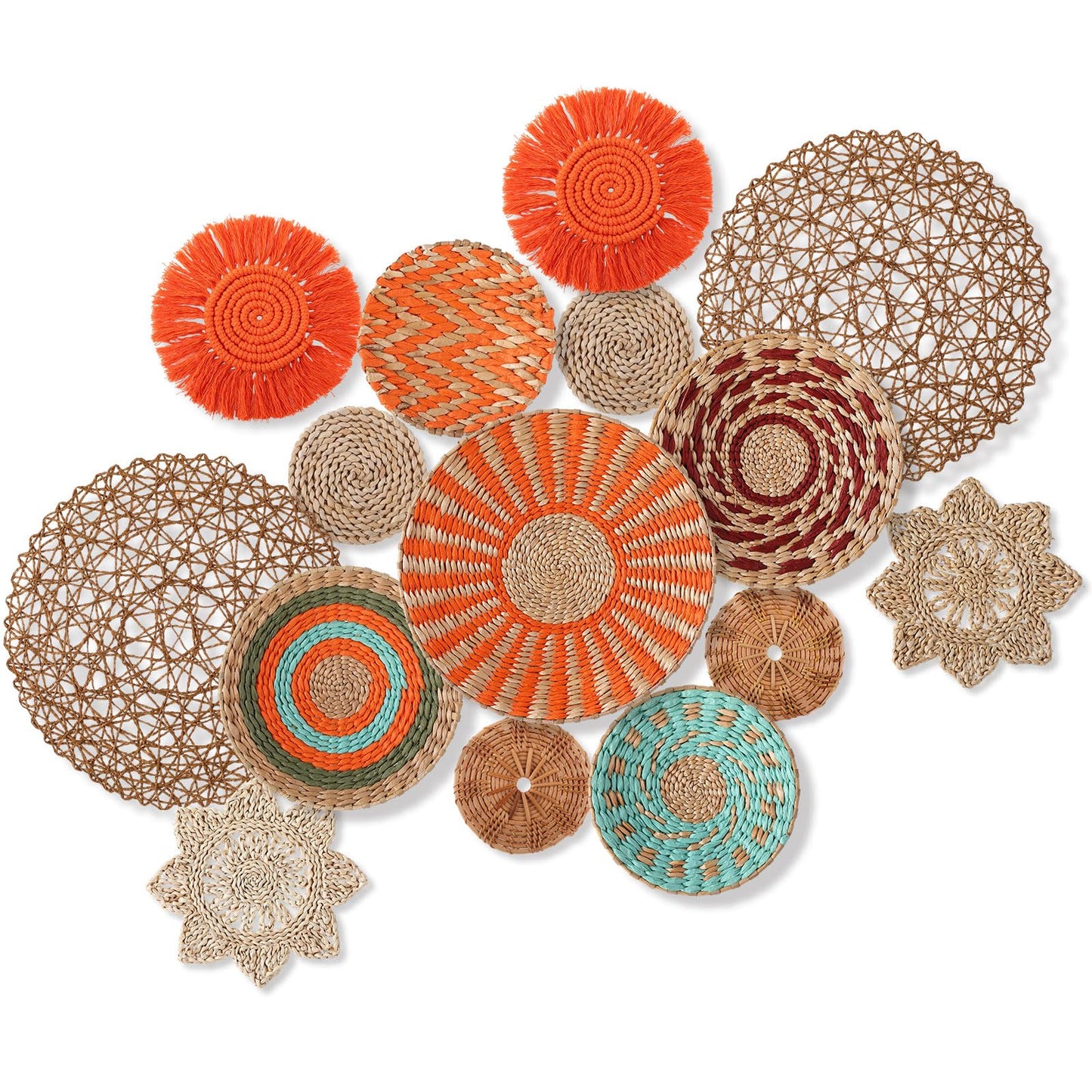 Anglechic 15 Pcs Boho Wall Basket Decor Woven Rattan Seagrass Wall Decor Hanging Rustic Farmhouse Western Art Decoration for Nursery Living Room Bedroom Home Kitchen(Orange Style)