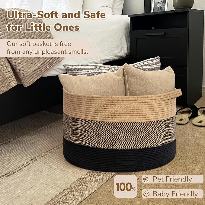 INDRESSME XXXLarge Cotton Rope Basket 21.7" x 21.7" x 13.8" Woven Baby laundry Blanket Basket for Living Room Decor, Toy Storage Baskets for Kids Boys Girls, Camel Mix & Black