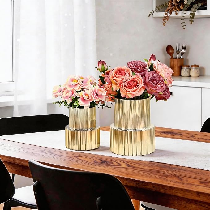 Ribbed Glass Vases for Bouquet, Set of 2 Gold Vases for Flowers, Gold Glass Vase for Tulips, Modern Vase for Living Room, Office, Coffe Table, Dining Table, Shelf, Wedding