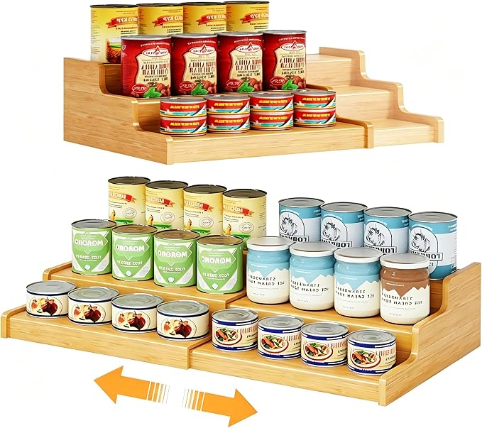 Expandable Bamboo Can Storage Display for Pantry, Easy-Access 3-Tier Adjustable Can Organizer Shelf for Cabinets, Canned Goods & Food Storage, Soda Can Organizer Holds Up to 24 Cans (Patent Pending)