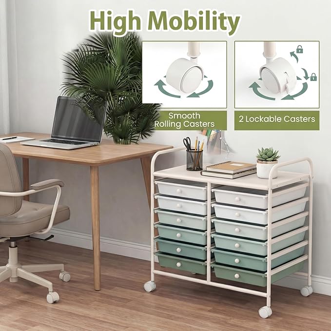 COSTWAY 12-Drawer Rolling Storage Cart, Utility Storage Organizer Cart for Tools, Scrapbook, Paper, Craft, Multipurpose Art Supply Organizer on Wheels for Home Office School, Teacher, Green Gradient