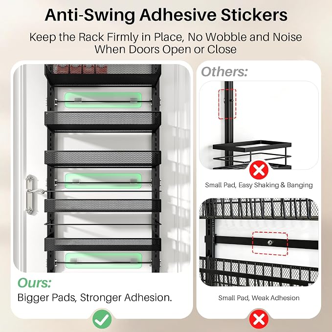 SNTD 8 Tiers Over the Door Organizer - Height Adjustable Pantry Organizers and Storage with Dense Mesh Baskets, Anti-Swing Hanging Door Spice Rack for Kitchen Bathroom (Black, 17" W x 6" D x 69" H)