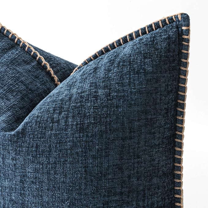 MIULEE Pack of 2 Lumbar Throw Pillow Covers 12x20 Inch Dark Blue Farmhouse Decorative Pillow Covers with Stitched Edge Soft Chenille Solid Dyed Pillow Covers for Couch Sofa Bed Living Room