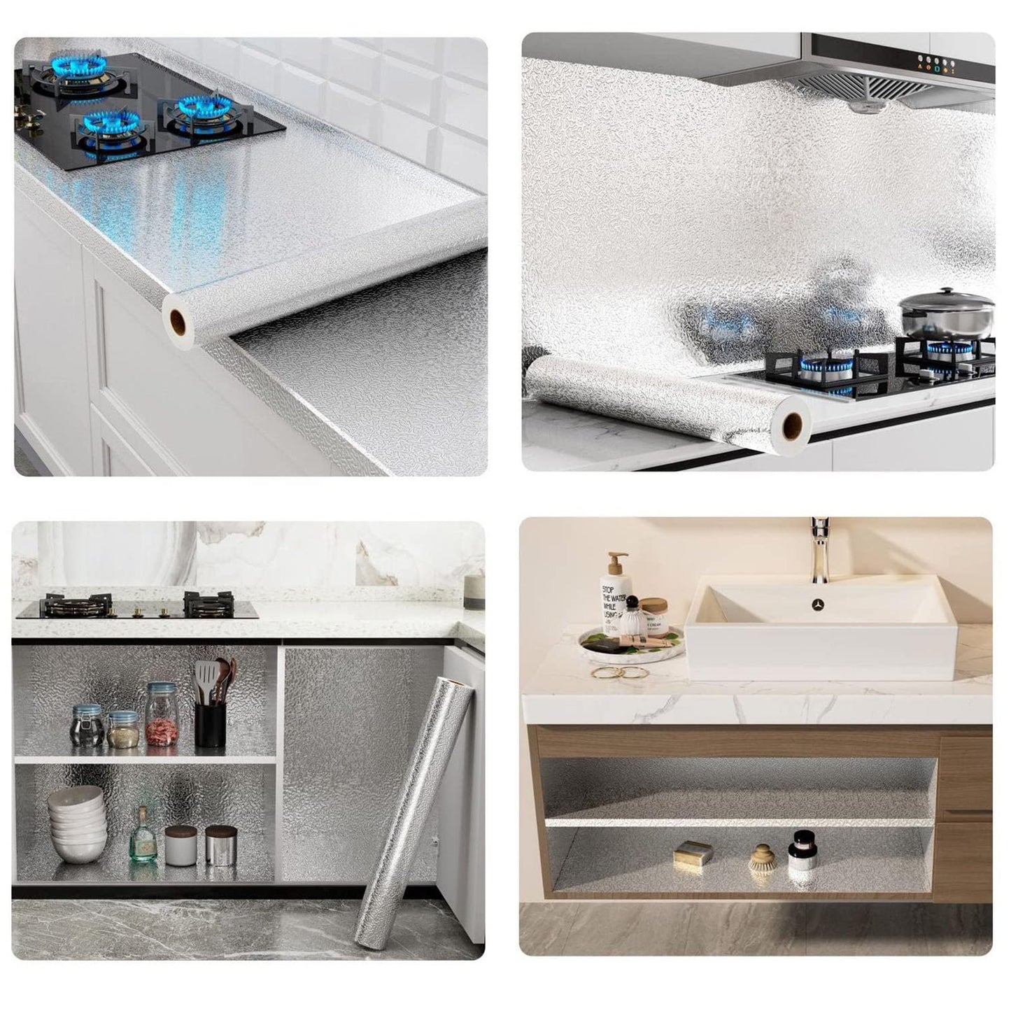 Beminh Kitchen Wallpaper Oil Proof Sticker Backsplash Aluminum Foil Self-Adhesive Paper Silver Cabinet Liner Shelf Liner Waterproof and Heat Resistant Peel and Stick Backsplash(15.7X118 Inches)