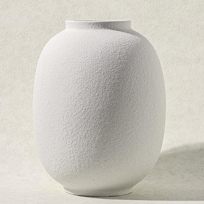 Large White Ceramic Vase, 9.85in Rustic Round Tall Vase for Table Centerpieces, Modern Homes Farmhouse Living Decor (Sandstone White)