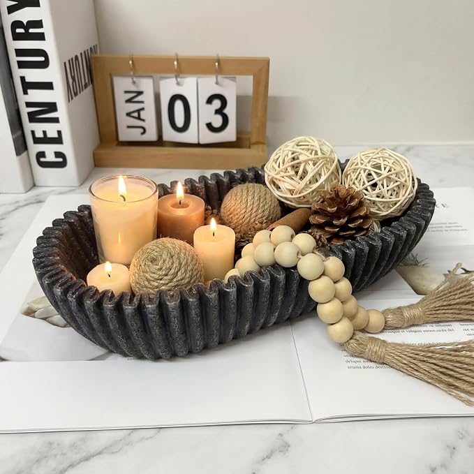 Large Decorative Bowl for Home Decor Long Dough Bowls Coffee Table Decor Centerpiece Black Ruffle Scalloped Resin Modern Handicraft Bowl for Kitchen Counter Farmhouse Entryway Stylish Key Storage