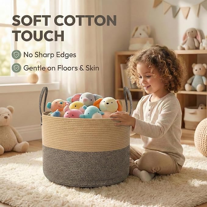 JMvicyroam 115L Extra Large Blanket Basket for Living Room - Woven Cotton Rope Laundry Hamper with Reinforced Handles - Storage Bin for Pillows, Comforters & Toys - Machine Washable,Jute&Black