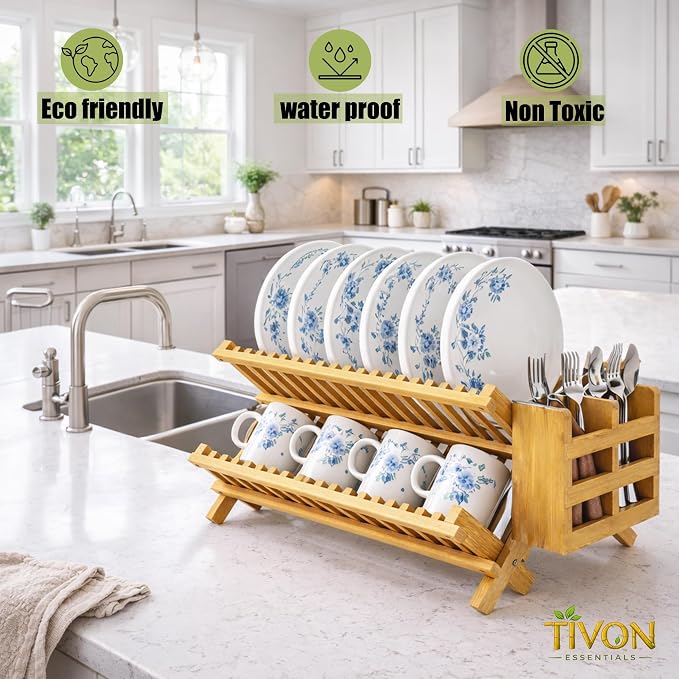 Bamboo Dish Drying Rack with Utensil Holder & Absorbent Dish Drying Mat|3Tier Collapsible Wooden Dish Rack for Kitchen Countertop|Large Foldable Dish Drainer|Kitchen Organizer for Plates Cups utensils