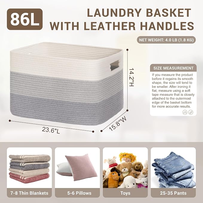 86L Extra Large Laundry Basket with Leather Handles for Living Room Storage, Woven Rope Baskets for Blanket, Kids Toy, Gifts, Wicker Hamper for Bedroom Dirty Clothes, 24"x16"x14" Gradient Grey