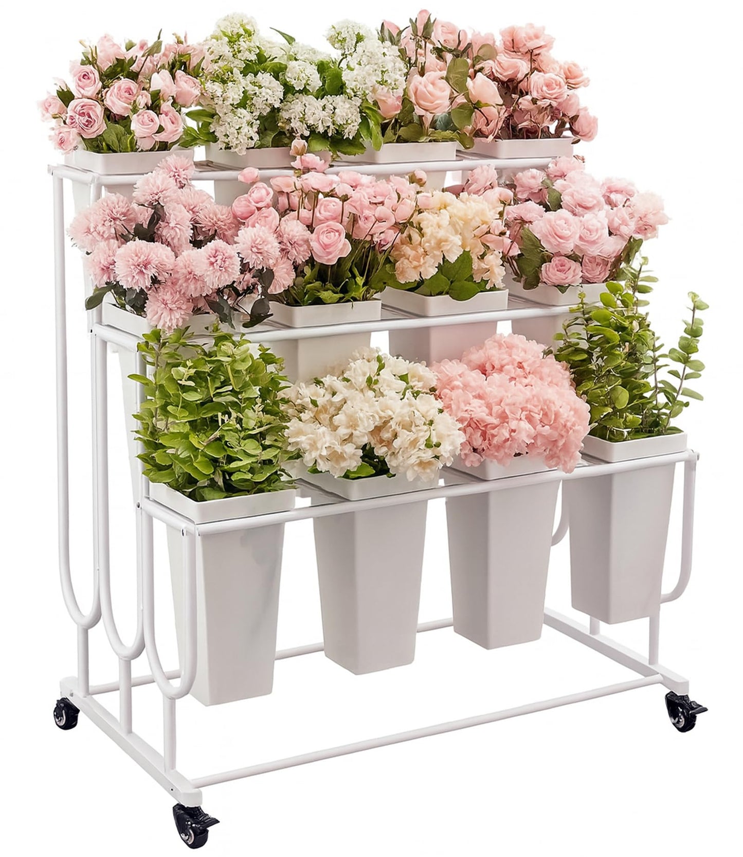 FEFZSFER Flower Display Stand Frame, 3-Tier Flower Cart with Wheels, Metal Floral Display Rack , Moving Florist Bouquet Shelf for Shop ,Flower Bar, Events, without Buckets(White, 3 Tier)