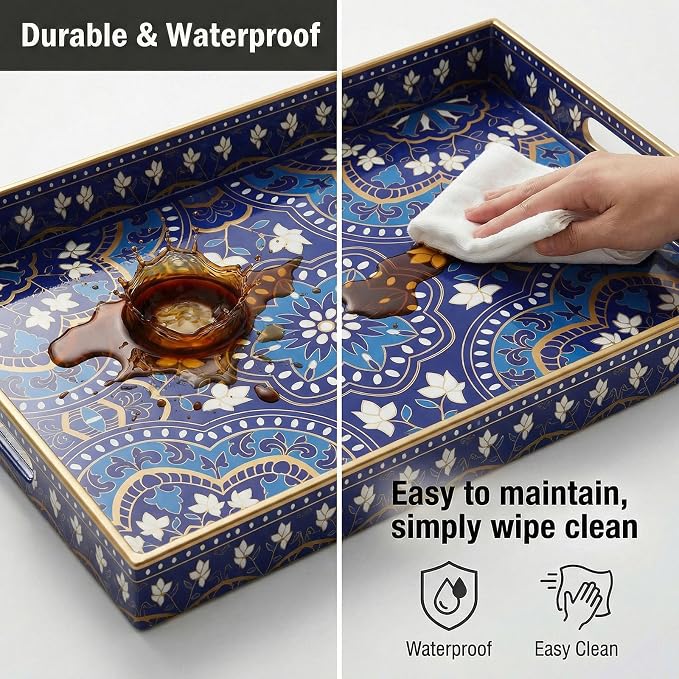 Decorative Serving Tray with Handles - 15.7" x 11.8" Blue Mandala Pattern Rectangular Plastic Platter - Boho Coffee Table Tray for Ottoman, Breakfast in Bed & Living Room Decor
