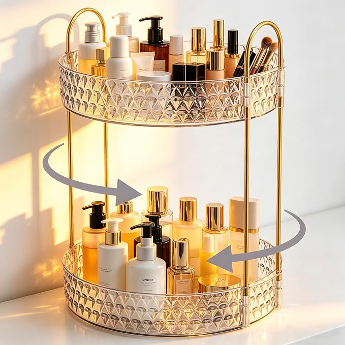 360° Rotating Acrylic Storage Rack, 2-Tier Large Capacity Makeup Organizer for Bathroom Countertop & Vanity, Clear Cosmetic Holder for Skincare, Perfume & Beauty Essentials