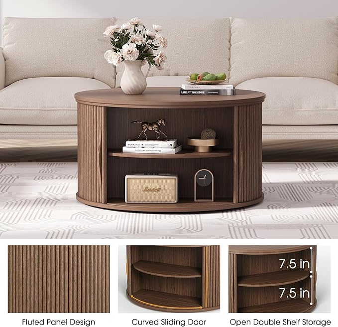 JOINICE 31.5" Round Lift Top Coffee Table, Mid Century Modern Walnut Center Table with Hidden Storage, Fluted Drum Wood Design for Small Living Room & Apartment