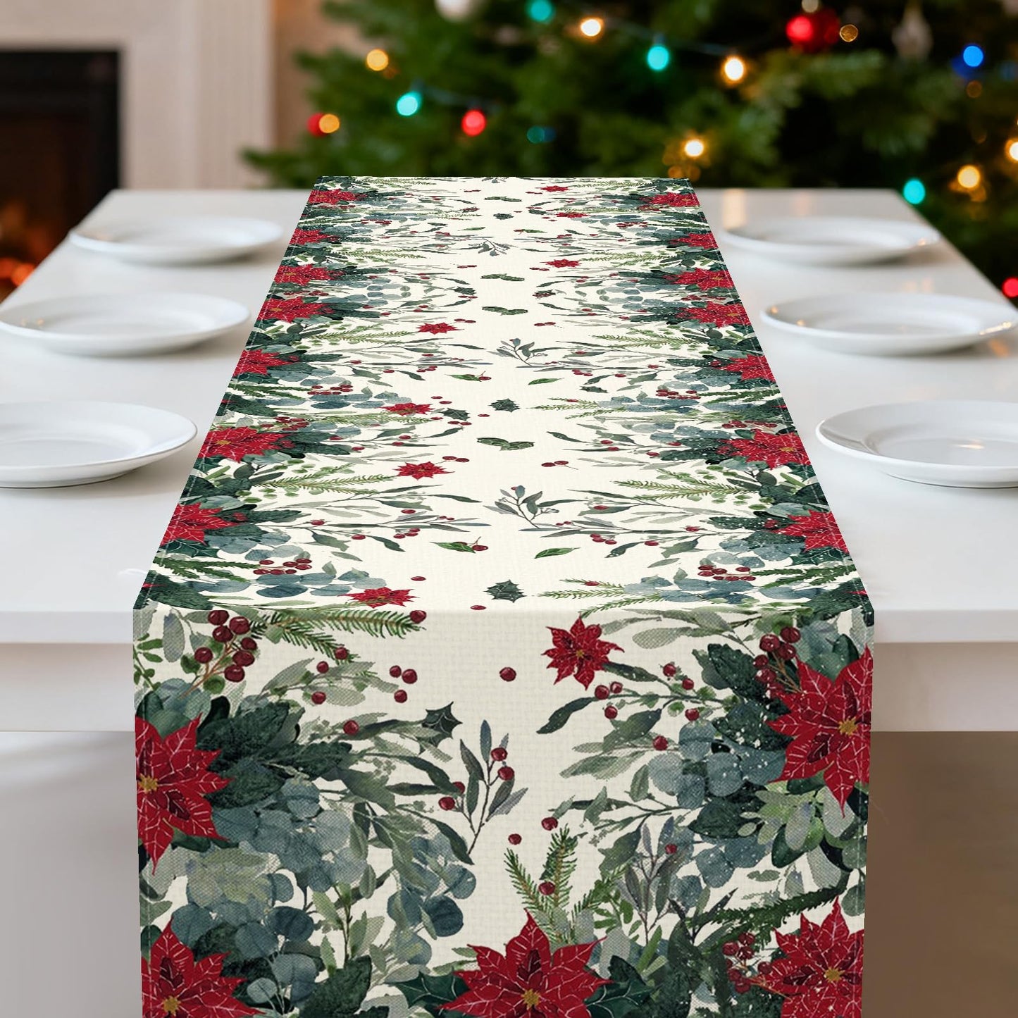 72 x 13 Inch Christmas Table Runner – Red Poinsettia and Greenery Holiday Table Decoration with Winter Berries for Dining Room, Kitchen, and Festive Christmas Parties