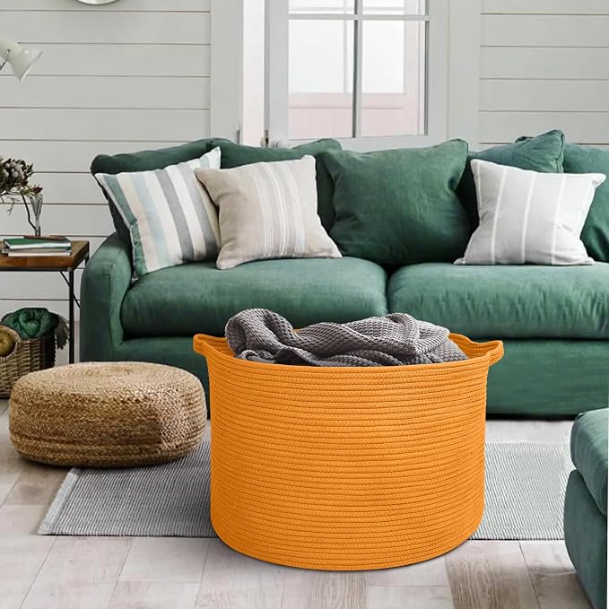 MEGASKET Extra Large Orange Basket, 22" X 22" X 14" Woven Cotton Rope Bins for Blankets, Baby Nursery Wicker Laundry Towel Basket, Kids Dog Toy Storage Box, Big Orange Living Room Decor Organizer