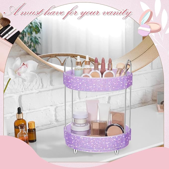 Honeydak 360 Rotating Perfume Organizer Gift for Women, Rhinestone Preppy Skincare Organizer Bathroom Counter Makeup Holder Skincare and Perfume Storage for Cosmetic(2 Tiers,Resin Diamond,Purple)