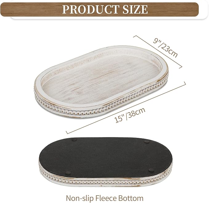 Hanobe Decorative Trays for Coffee Table : White Oval Centerpiece Tray Wood for Farmhouse Entry Table Decor Round Bathroom Tray for Living Room Kitchen Counter