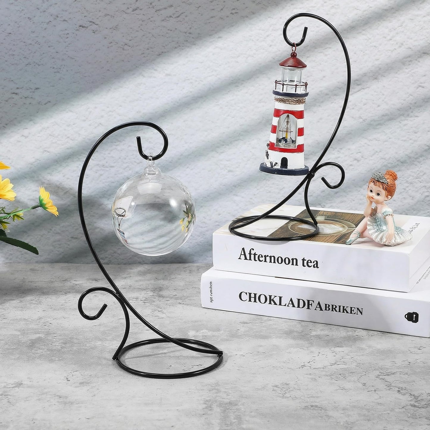 Douaowoc 16 Pcs Ornament Display Stands, 9 Inch Black Iron Hanging Stand Rack Holder for Christmas Halloween Decoration, Glass Ball Holder for Hanging Plant Home