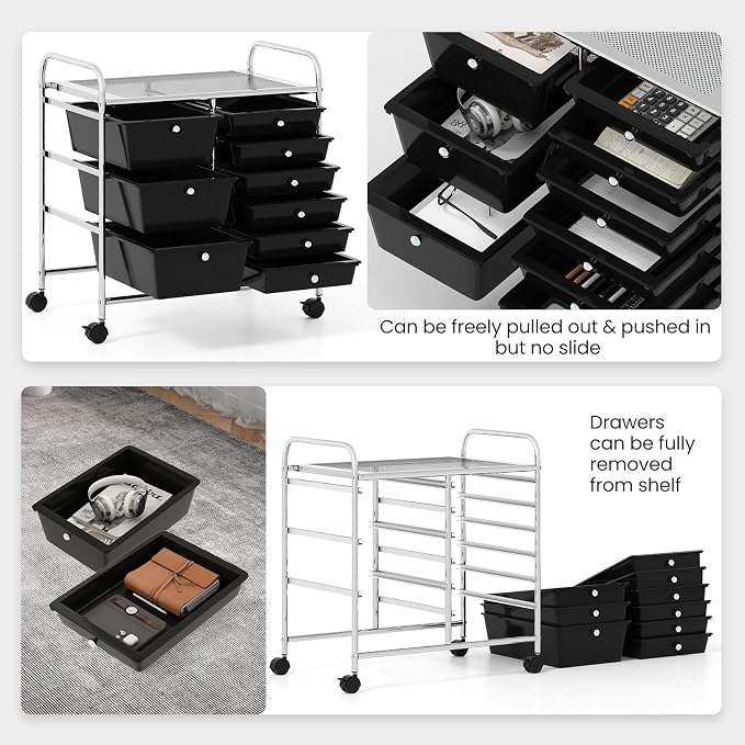Giantex 9 Drawers Rolling Cart, Classroom Organizers, Storage Cart with Wheels, for Teacher Office Home School Supplies Tool Craft Art Paper, Black