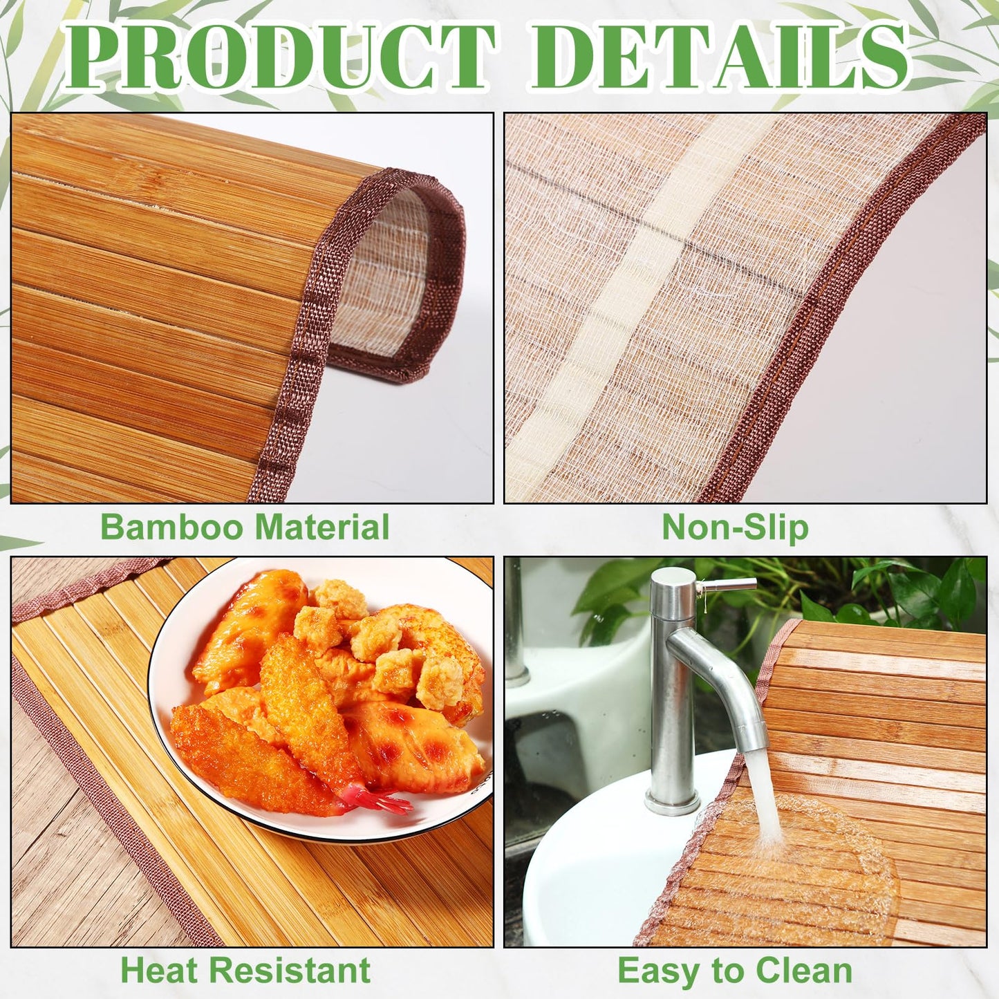 Hushee 8 Pcs Bamboo Placemats Dining Table Mats Washable Heat Place Resistant Mat for Dining Kitchen Room Table, 18 x 12 Inch(Classic Style)