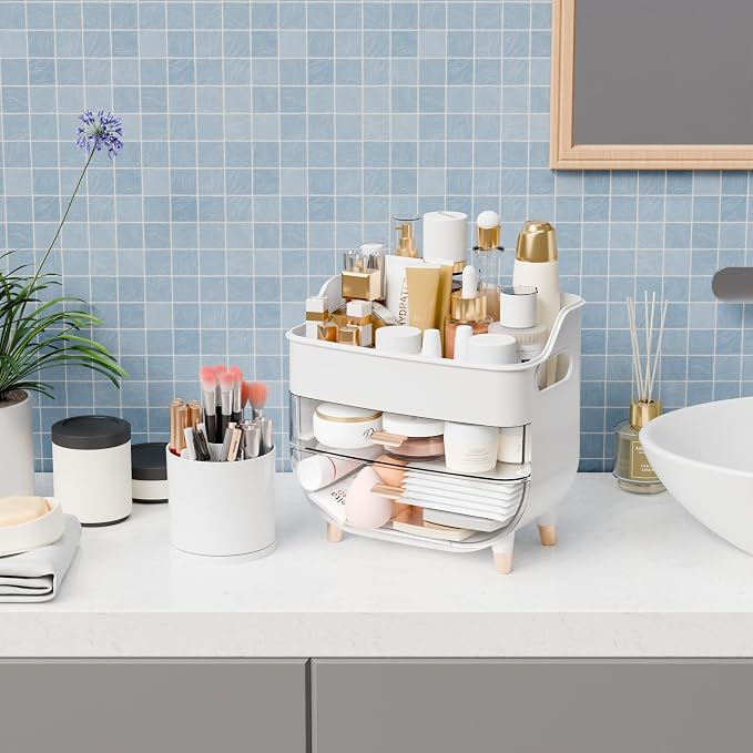Yieach White Make up Organizer for Countertop,Vanity,Large Capacity Bathroom Makeup Skincare Organizers With Brush Holder,Makeup Storage Organizer for Lotion,Beauty Products,Skin Care,Makeup Display