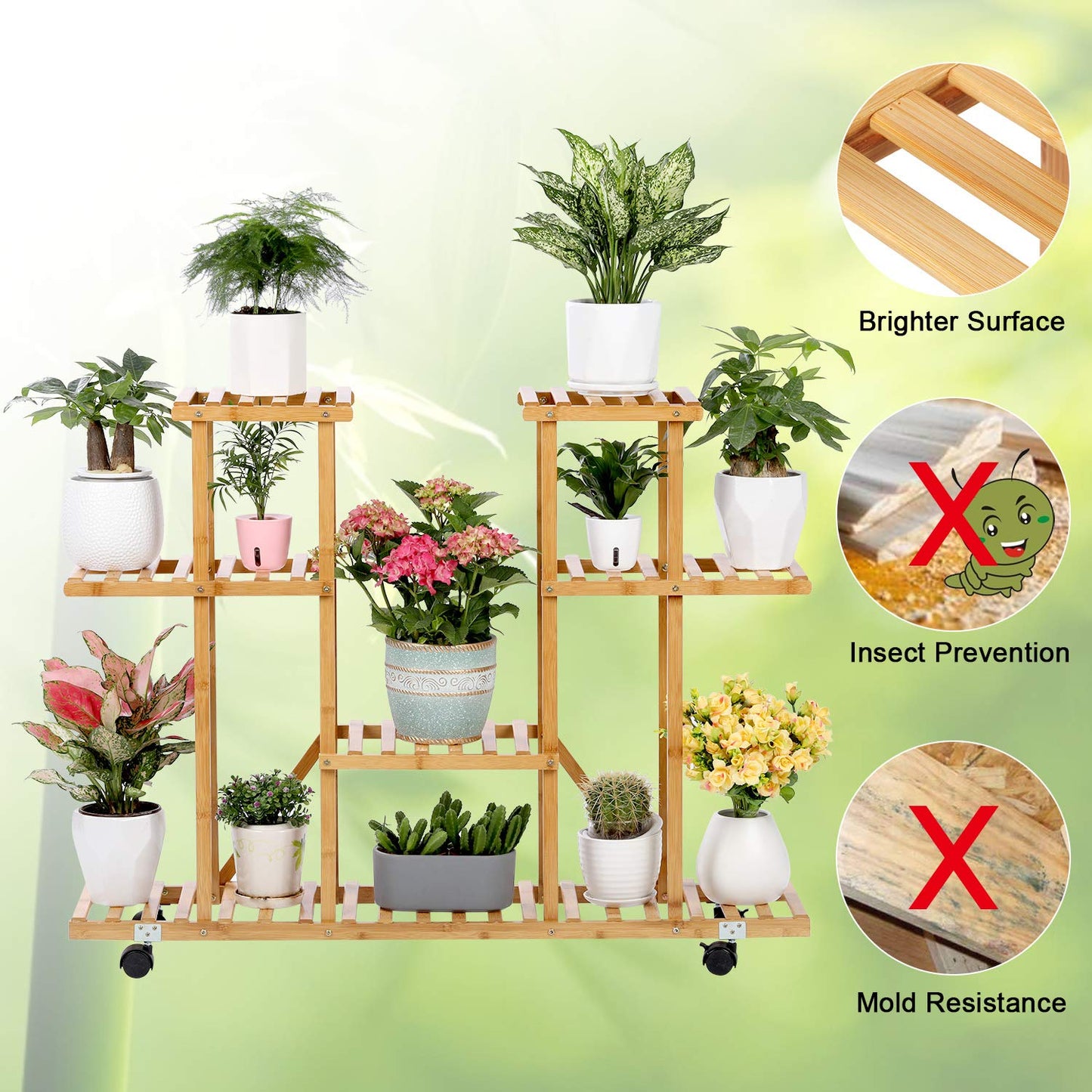 Bamboo Plant Stand Rack with Wheels 4 Tier Indoor&Outdoor Rolling Plant Flower Pots Holder Shelf Planter Display Shelving Unit for Patio Garden, Living Room, Corner Balcony and Bedroom (13 Flowerpots)
