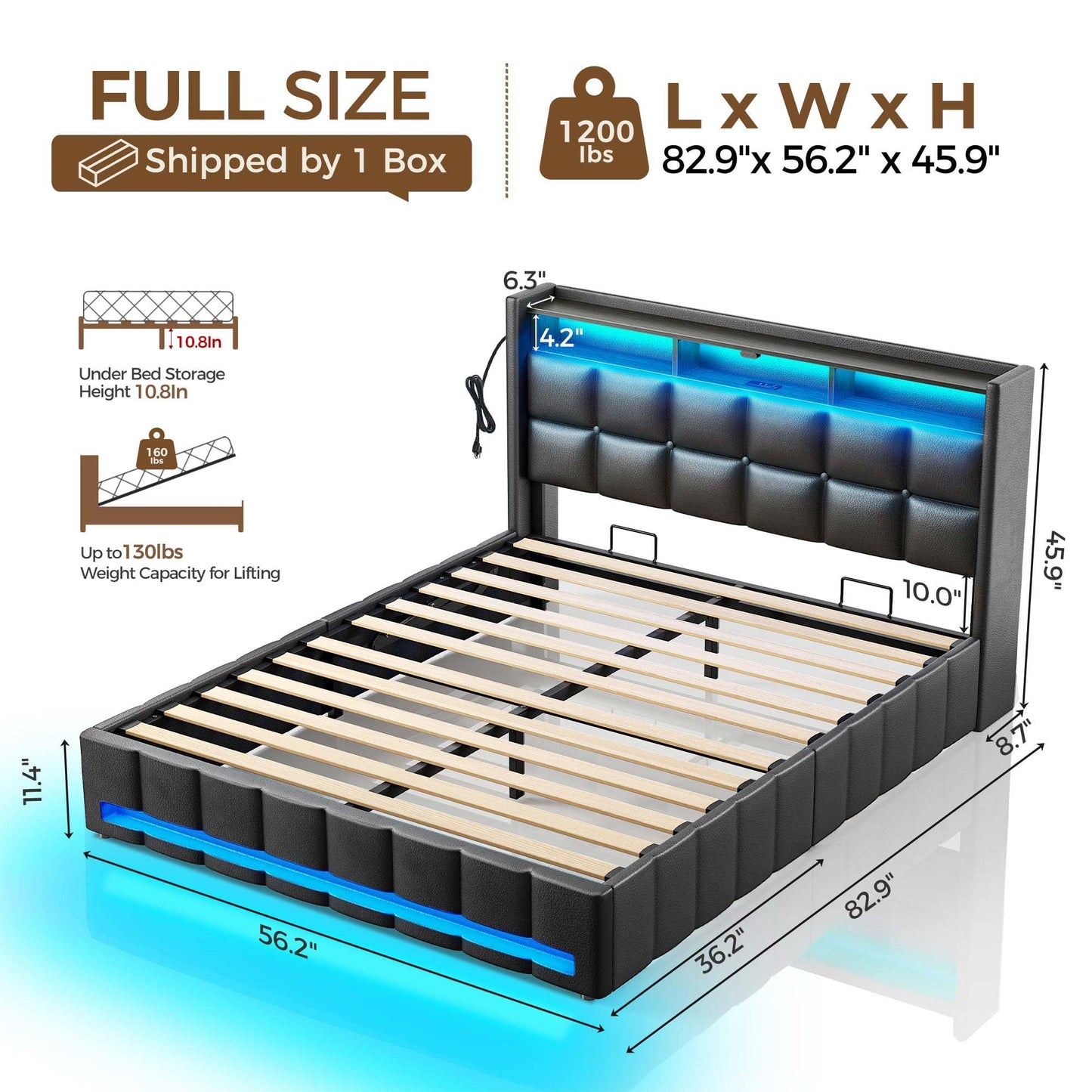 Rolanstar Bed Frame Full Size with Lift Up Storage, Charging Station & LED Lights, Upholstered Storage Headboard, Heavy Duty Wooden Slats, No Box Spring Needed, Noise Free, Easy Assembly, Black