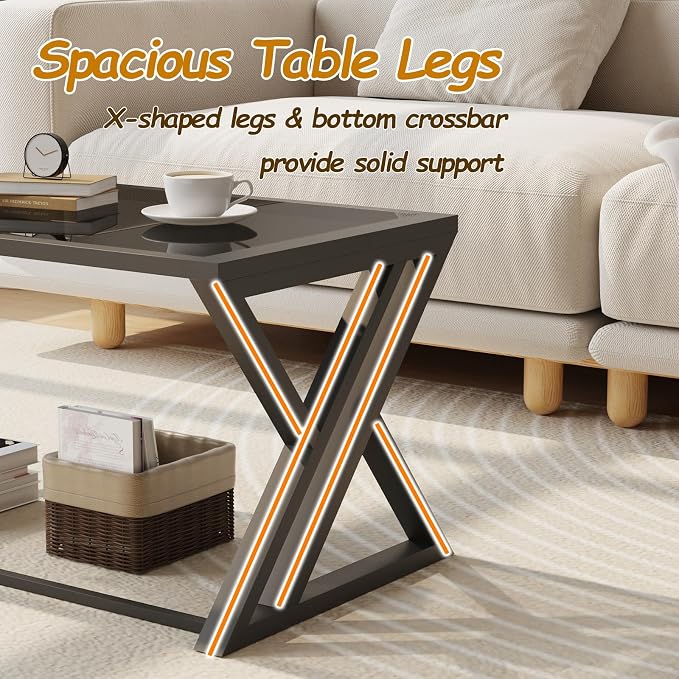Wolawu Coffee Table Grey Glass Coffee Table for Living Room,Modern Rectangular Center Table with Sturdy Metal Frame,Tempered Glass Tables for Bedroom Home Office