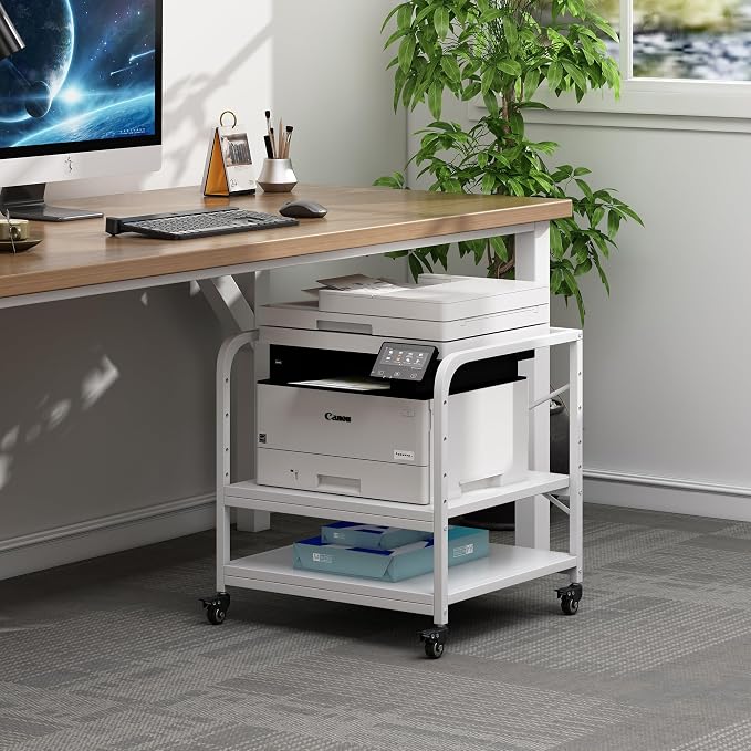 Fannova 20 Inches Deep Large Printer Stand, 2 Tier Under Desk Printer Table with Height Adjustable Shelf, Rolling Printer Cart with Wheels for Home Office Storage - White